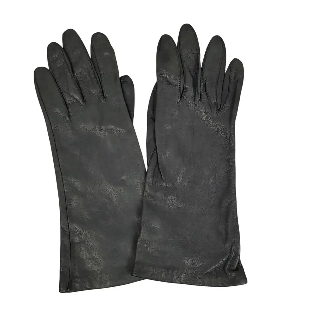 Vintage Aris Womens Classic Gray Leather Gloves Sz 7 100% Antron Nylon Lined